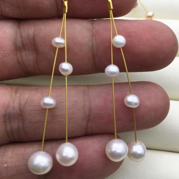 AAA Cultured White Pearl Dangle Earrings-14K GP - Picture 5 of 11